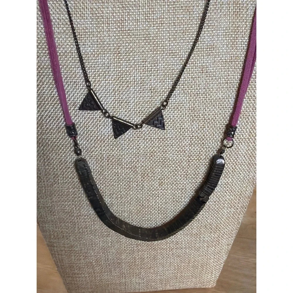 Boho Layered Necklace Purple Suede‎ Bronze Geometric Triangle Charms